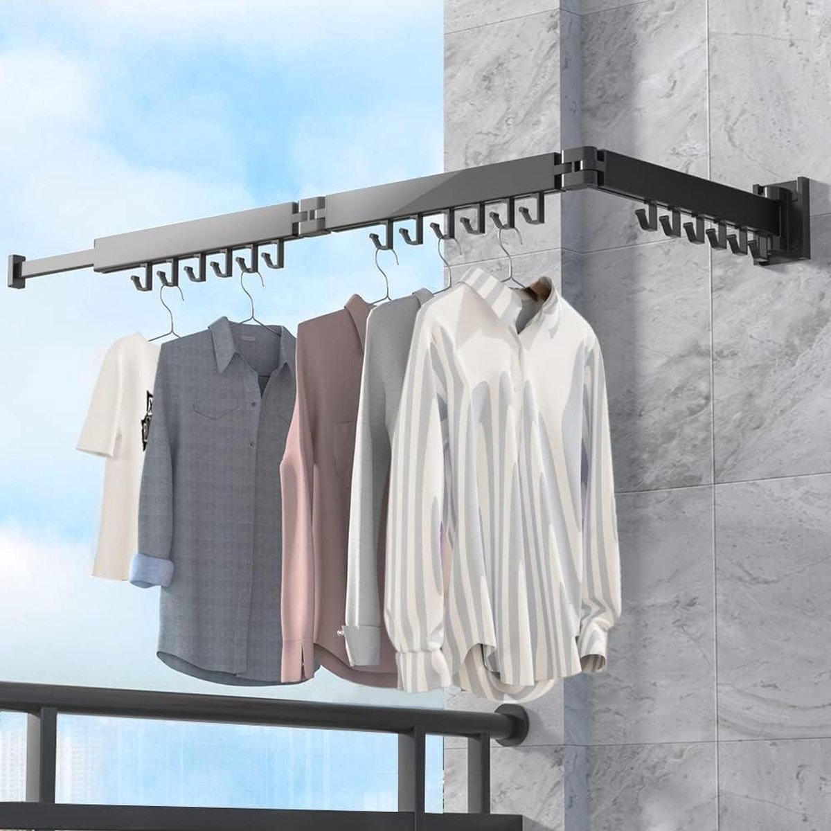 Goedkoopste Wandgemonteerde Kledingstandaard 120 cm - Inschuifbaar Inklapbaar Wasrek - 18 Haken - Handdoekhouder - Balkon Wasgoed Badkamer Slaapkamer