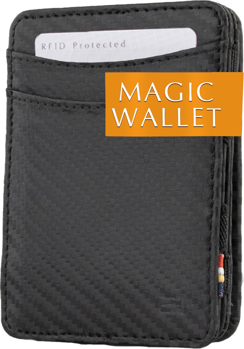 Hunterson compacte Portemonnee voor heren en dames uit leder, Kaarthouder met RFID-bescherming, Portefeuille met muntvak en plaats voor 6 kaarten, Magic Wallet, Zwart Carbon