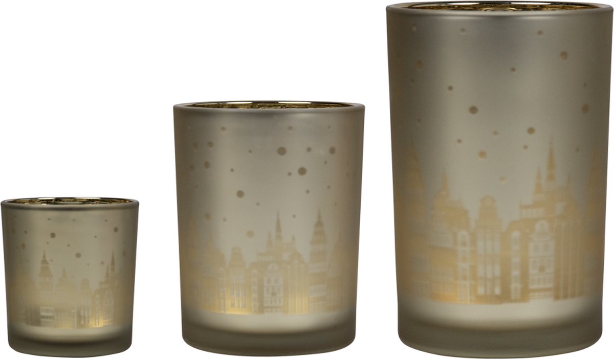 Theelichthouder huisjes goud medium 12cm