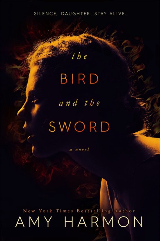 Boekomslag met een profiel van een vrouw in silhouet tegen een achtergrond van vuur. Titel: "the BIRD and the SWORD".