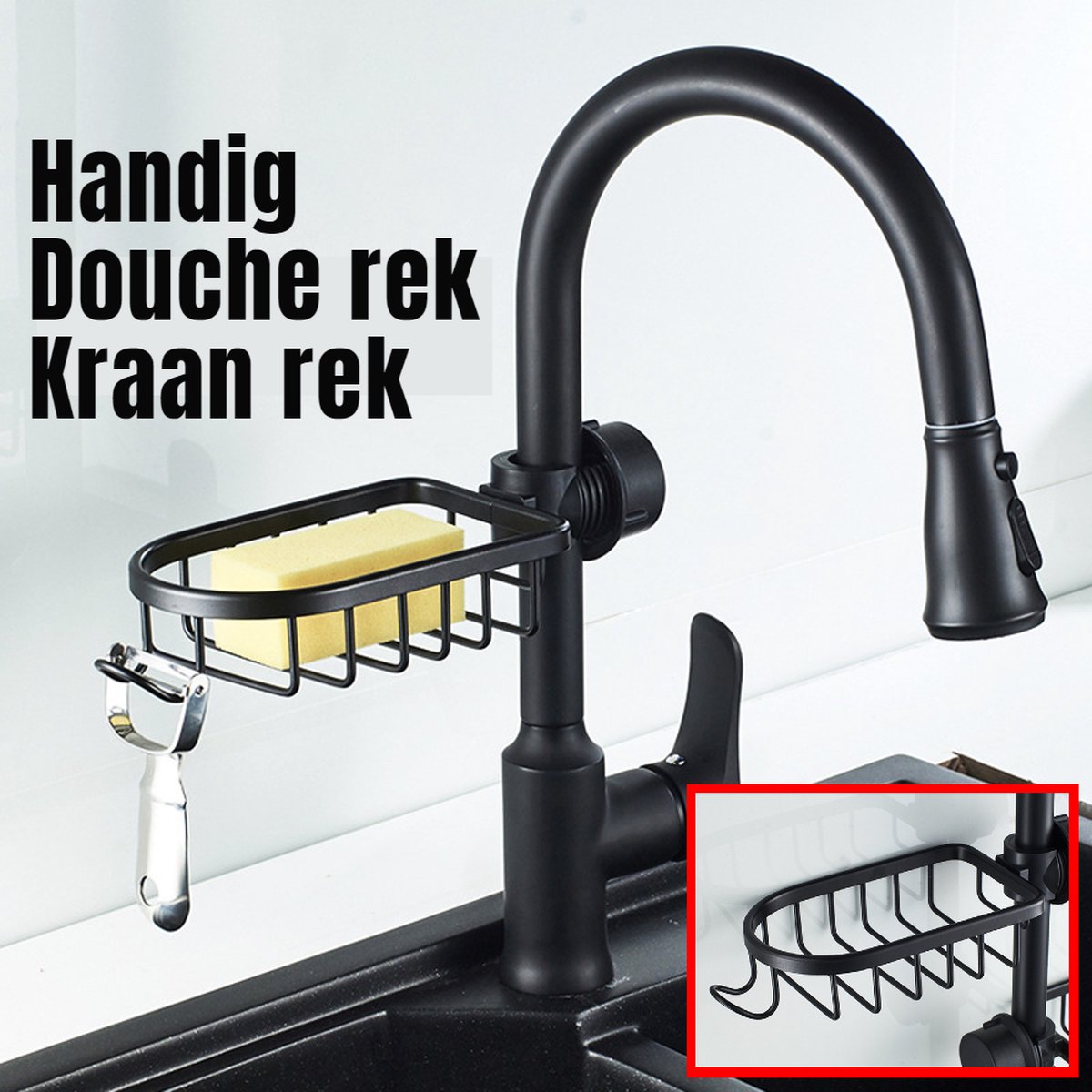 Allernieuwste.nl® Douche Rek Kraan Rek - Opbergrek Keuken Badkamer - Doucherek Keuken Kraanrek - Zwart