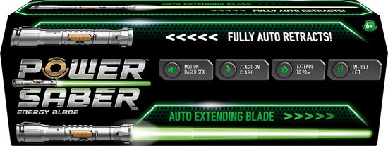 Emballage du Power Saber avec le texte 'FULLY AUTO RETRACTS!' et des images de l'arme.