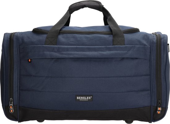 Donkerblauwe weekendtas met gewatteerde voorkant, "BEAGLES ORIGINALS" logo en wieltjes.