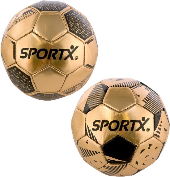 Twee gouden voetballen met zwart 'SPORTX' logo en geometrische patronen.