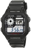 Zwarte Casio World Time horloge met wereldkaart op de wijzerplaat en digitale tijdweergave.