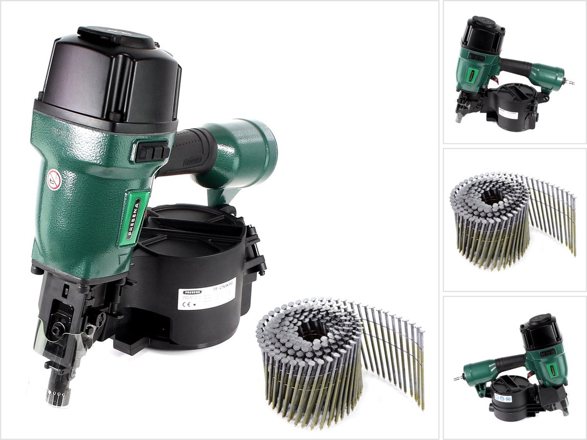 Prebena 7F-CNW90-S01 pneumatische spijkermachine voor spijkers op rol type CNW van 45-90 mm + Prebena CNW31/90BKRI spijkers op rol met ringstaaf 3600 stuks