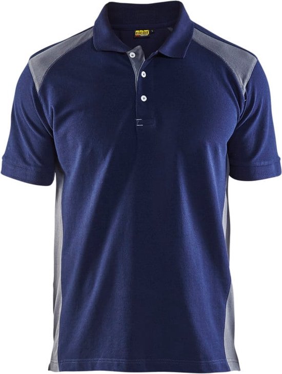 Blauw poloshirt met donkergrijze panelen op de schouders en zijkanten.