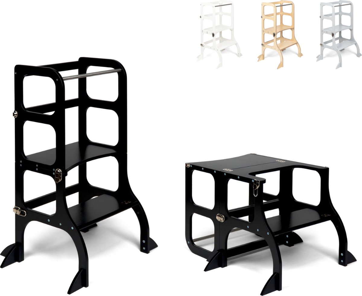 Ette Tete Step 'n Sit - Leertoren - Zwart met zilveren clips - Inklapbaar tot tafel en stoel - Met extra support - Learning Tower - Montessori inspired - Keukentrap - Keukenhulp - Leerstoel - Veilig -Duurzaam