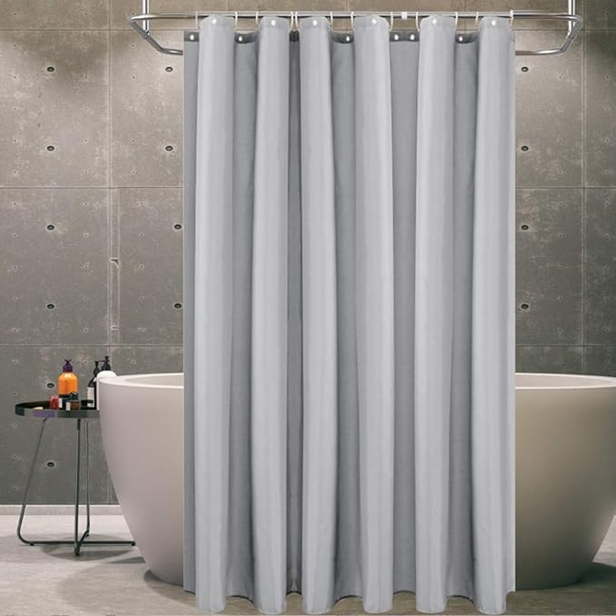 Textiel douchegordijn, schimmelwerend, waterdicht, wasbaar, antibacterieel polyester, grijs, 180 x 200 cm, inclusief 8 douchegordijnringen.