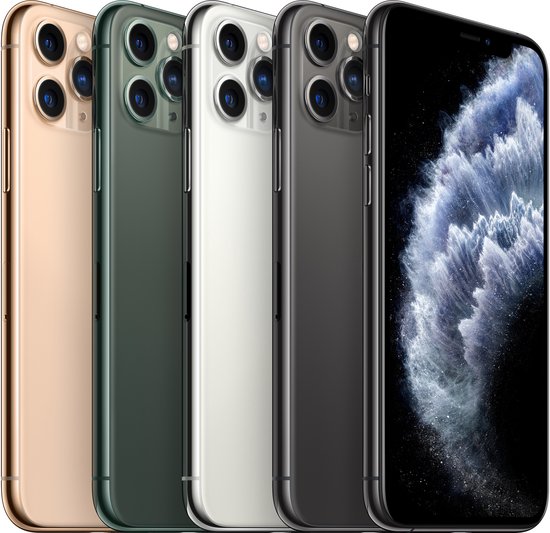 Vier iPhones in de kleuren goud, groen, zilver en donkergrijs, met abstracte achtergrond.