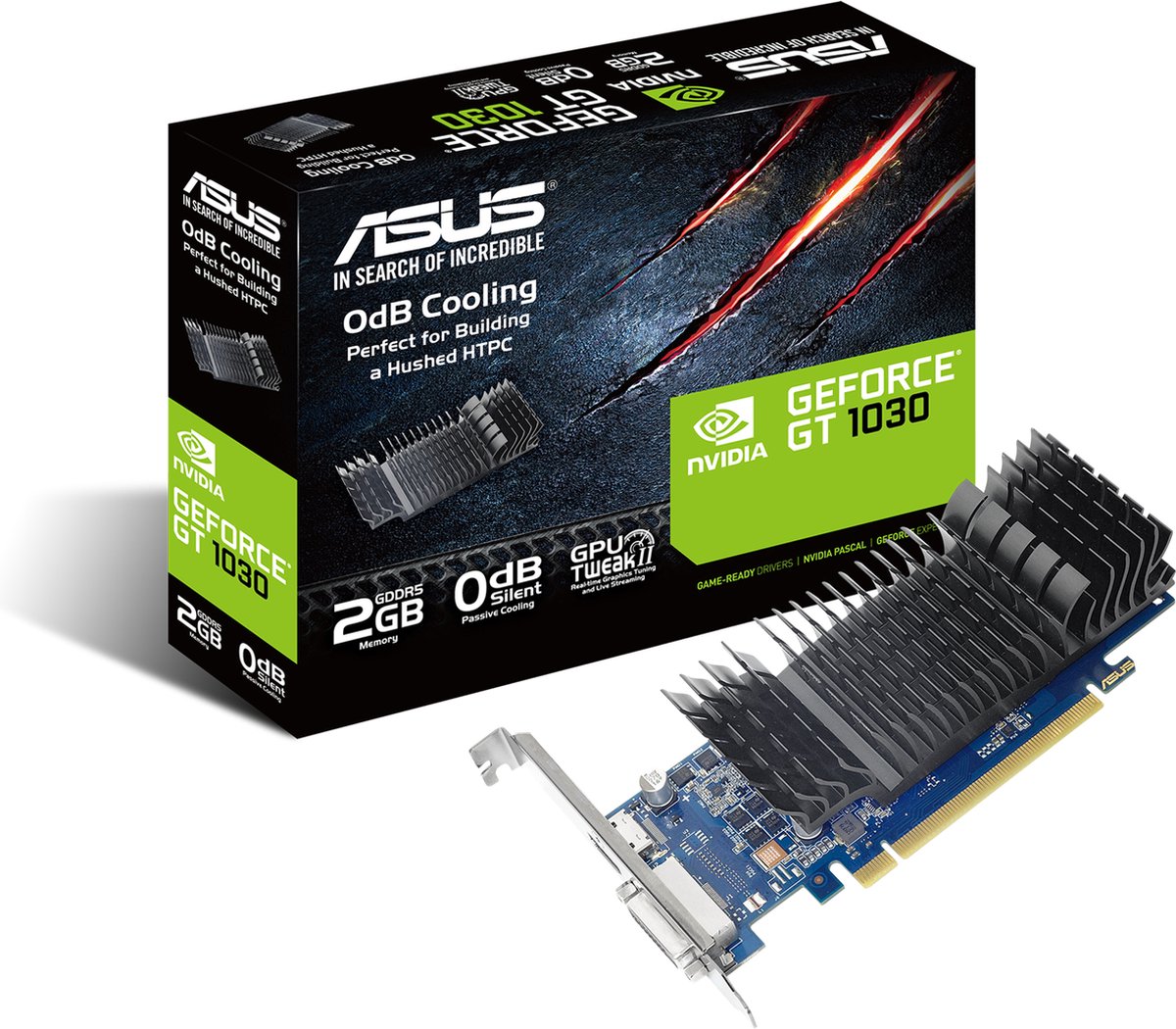 ASUS GT1030-SL-2G-BRK - Grafische kaart - GF GT 1030 - 2 GB GDDR5 - PCIe 3.0 laag profiel - DVI, HDMI - zonder ventilator