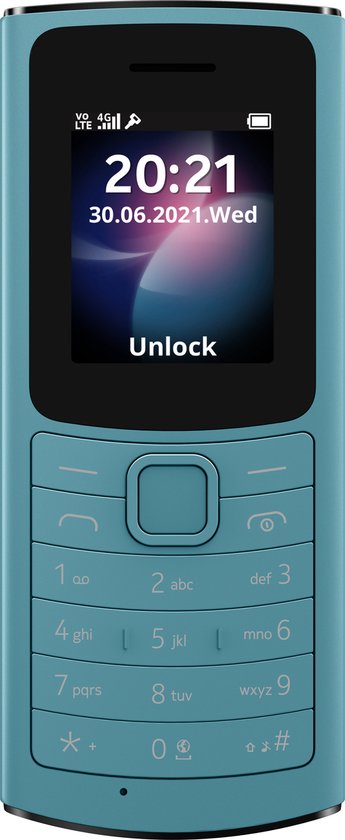 Aqua Nokia 110 4G telefoon met een toetsenbord en een display dat '20:21 30.06.2021.Wed Unlock' toont.