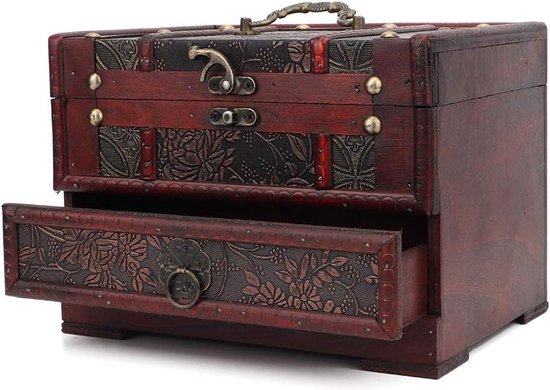 Schatkist, Houten Kistje Juwelendoos, Houten Vintage Organizer, 6 Etages, Bruin, Opslag voor Ringen, Armbanden, Halskettingen, Oorbellen en Horloges