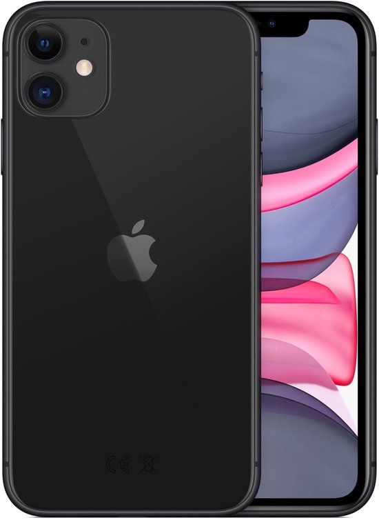 Achterkant van een zwarte iPhone 11 met dubbele camera en Apple logo. De voorkant met screensaver is zichtbaar.