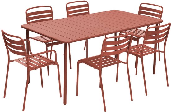 sweeek - Metalen tuintafel + 6 stoelen, waarvan 2 met armleuning, roestvrij staal, 160 x 90 x h 72,5cm