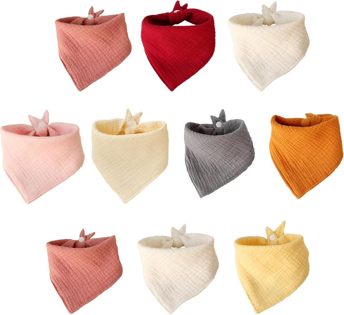 10 Stuks Zachte en Absorberende Driehoekige Sjaal Babyslabbetjes - Mousseline Bandana's met Verstelbare Drukkoppen voor Peuters Uniseks Jongens