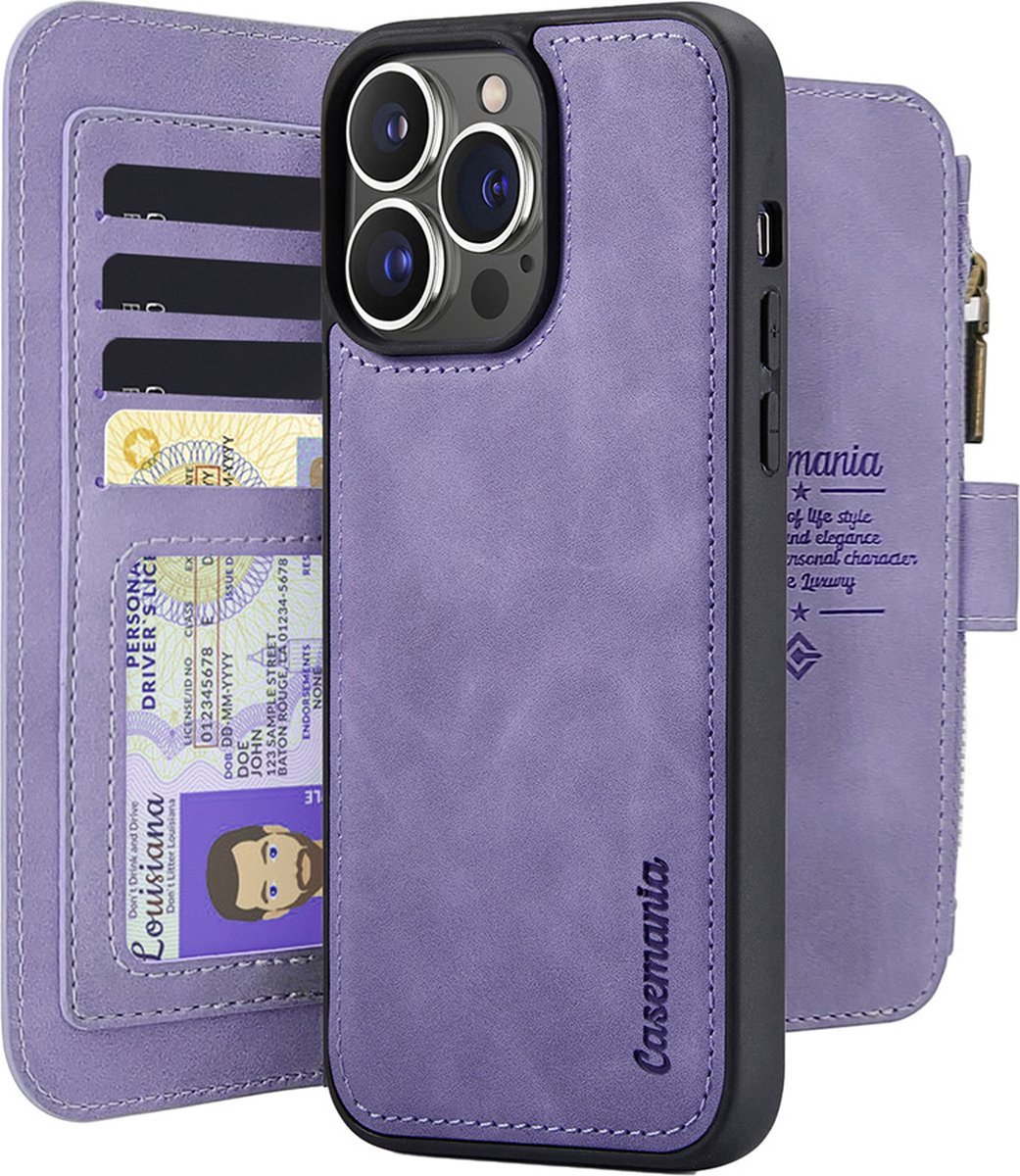 CaseMania Bookcase hoesje geschikt voor iPhone 15 Pro - Effen Lila - Kunstleer - Portemonnee met 14 Vakjes voor Pasjes en Ritsvak