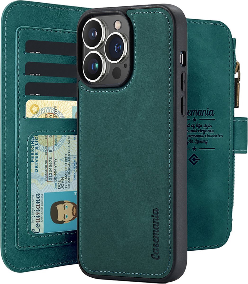 CaseMania Bookcase hoesje geschikt voor iPhone 15 Pro - Effen Groen - Kunstleer - Portemonnee met 14 Vakjes voor Pasjes en Ritsvak