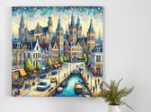 Acryl groningen schilderij | Colorful Cityscape: Vibrant Acrylic Illustration of Groningen's Architecture | Kunst - 75x75 centimeter op Forex | Foto op Forex