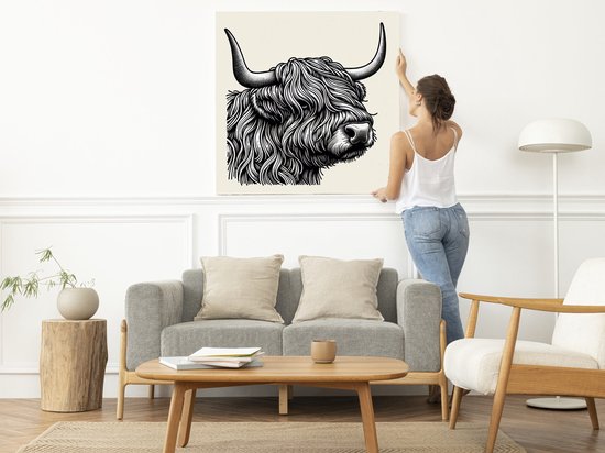 Doodle schotse hooglander schilderij | Hooglandse dromen: een illustratieve verkenning van Schotse schoonheid | Kunst - 100x100 centimeter op Canvas | Foto op Canvas