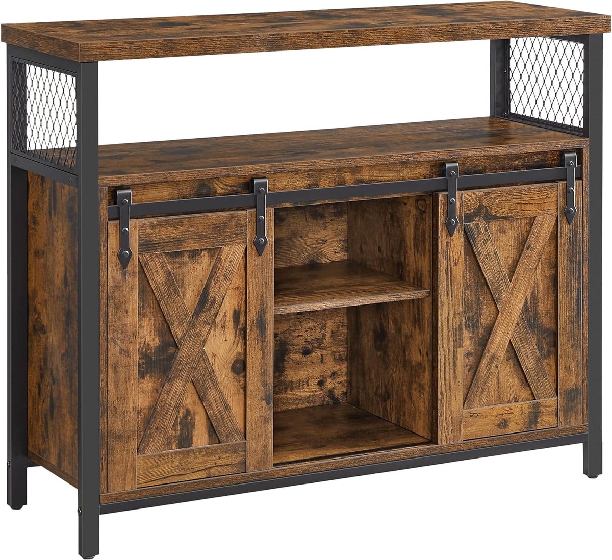 VASAGLE Opbergmeubel, keukendressoir, ladekast, met 2 schuifdeuren, 33 x 100 x 80 cm, verstelbare planken, industriële stijl, voor woonkamer, rustiek bruin en zwart LSC092B01