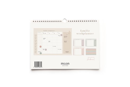 Achterkant van weekplanner met voorbeeld planning, inclusief stickers, in pastelkleuren.