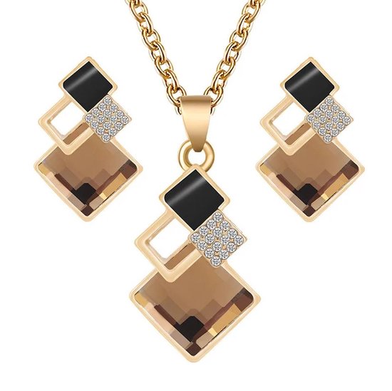 Ketting + oorbellen goudkleur - zwart - coffee met strass