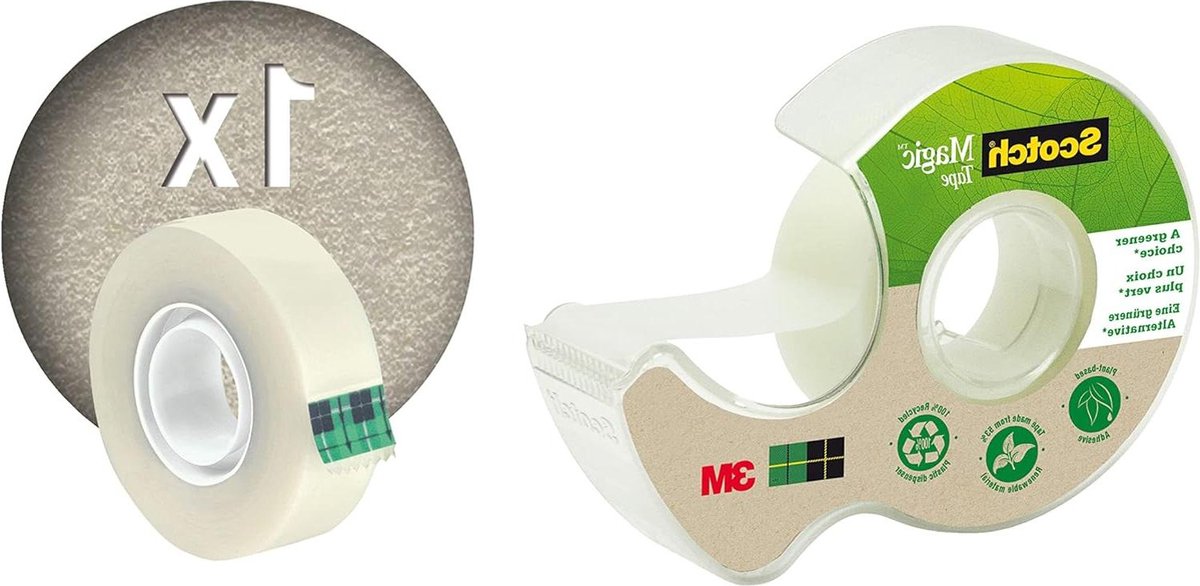 Scotch Magic Greener Choice 19 mm x 20 m Plakband - 100% gerecycled - Handdispenser - Onzichtbare tape - Plantaardige lijm - Documentreparatie