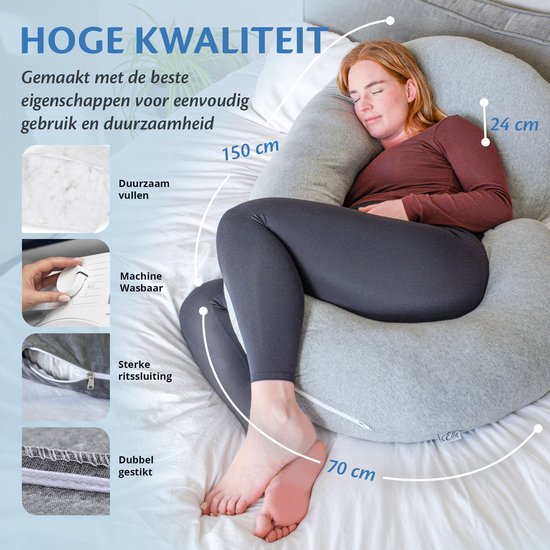 Ella® Zwangerschapskussen XXL C-vorm - Zijslaapkussen - Lichaamskussen - Voedingskussen - Body Pillow - 150x70cm - Afneembare Jersey Katoenen Hoes, Lichtgrijs van Ella® — afbeelding 5