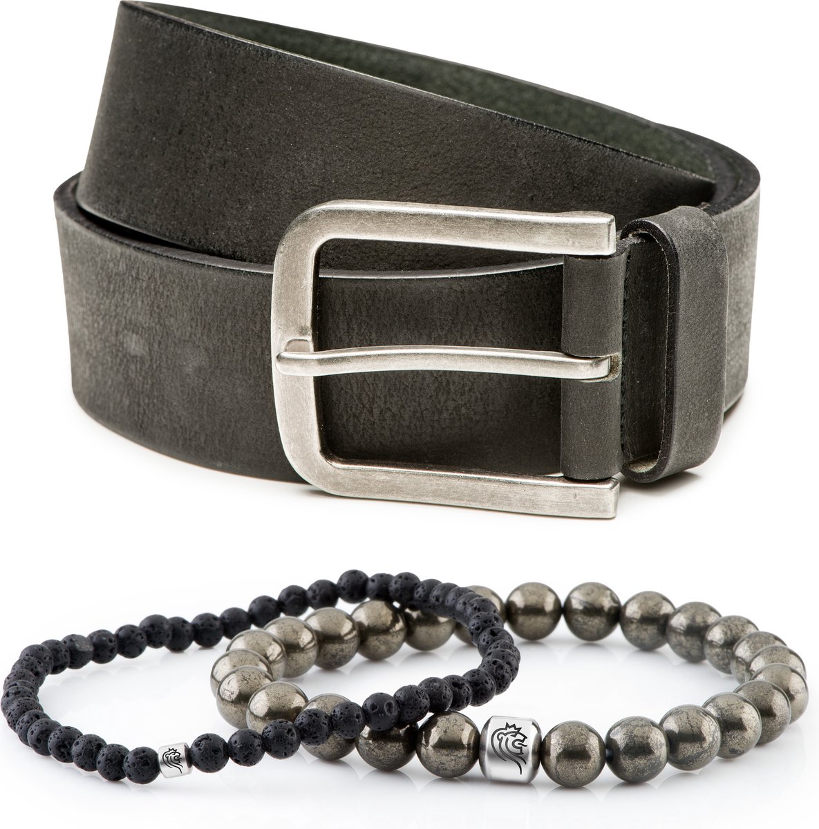 DTCH.FIT Kralen armband Kurt Grey one size & Leren riem Jaxx Zwart- 4cm breed - 105cm - Totale lengte 120cm