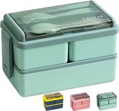 Lunchbox - 1400ml Bento Box -Voor Volwassenen en Kinderen - Lunchbox met vakjes en bestek - Kunststof - Geschikt voor Magnetron - Lekvrij - Groen