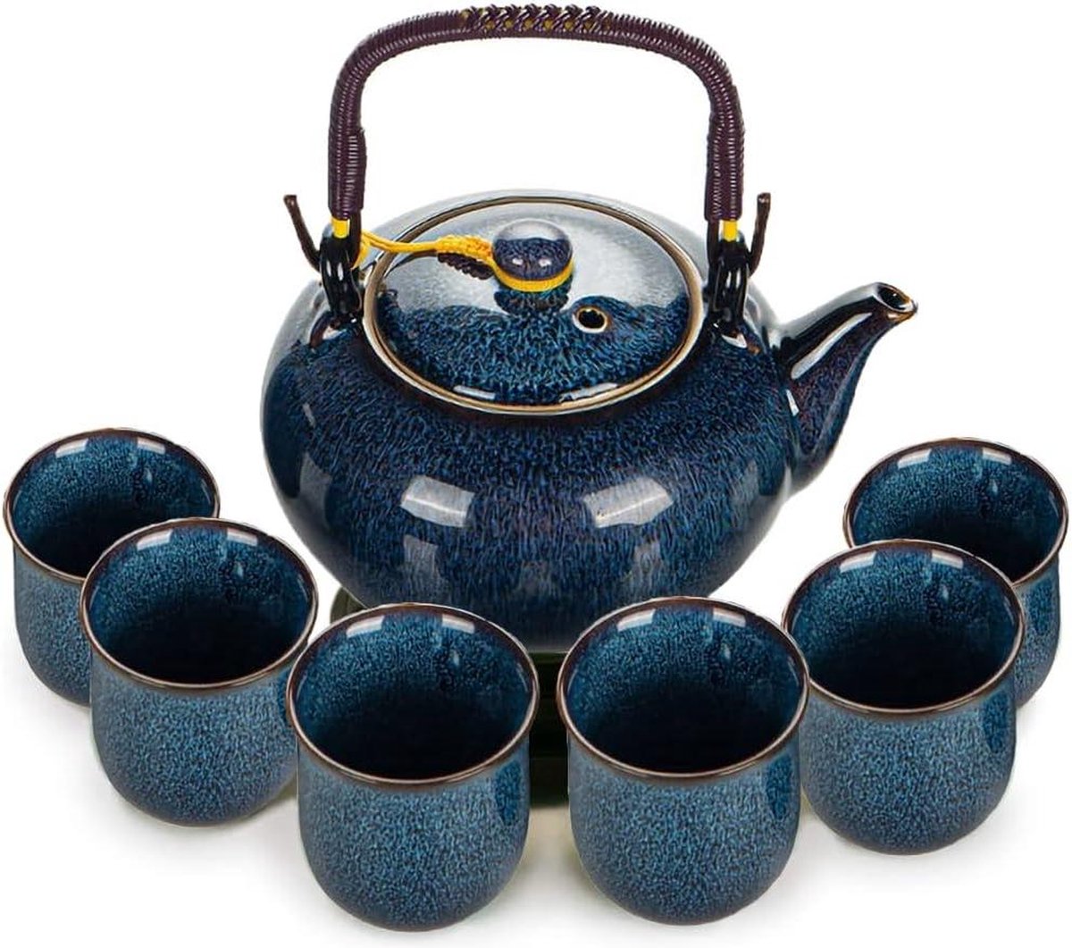 Theeset van keramiek - Webao Chinese theepot 600 ml en 6 kopjes 120 ml - Kungfu theeservies ovengemodificeerd glazuur - Aziatische theepot blauw - voor theeliefhebbers