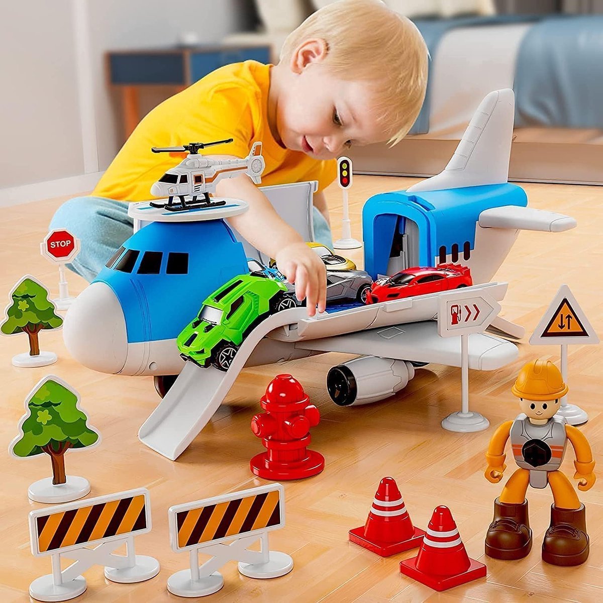 RedCrab Airplane Playset, Transport Airplane Toy with Car Helicopter