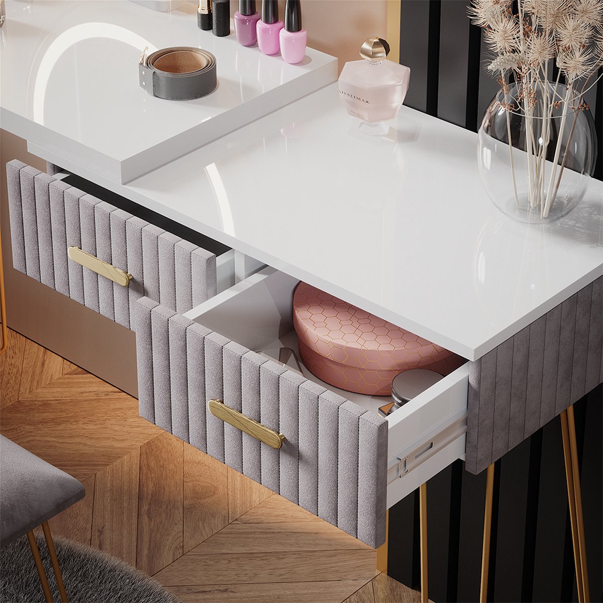Vicco Make-uptafel set met kruk Edda, Wit, 100 cm met LED-spiegel en