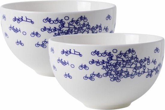 Twee witte kommen met een patroon van blauwe fietsen.