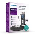 Doos Philips VoiceTracer Meeting Recorder met 360° microfoon. Bevat recorder, 360° microfoon, draadloze afstandsbediening en Semby AI software.