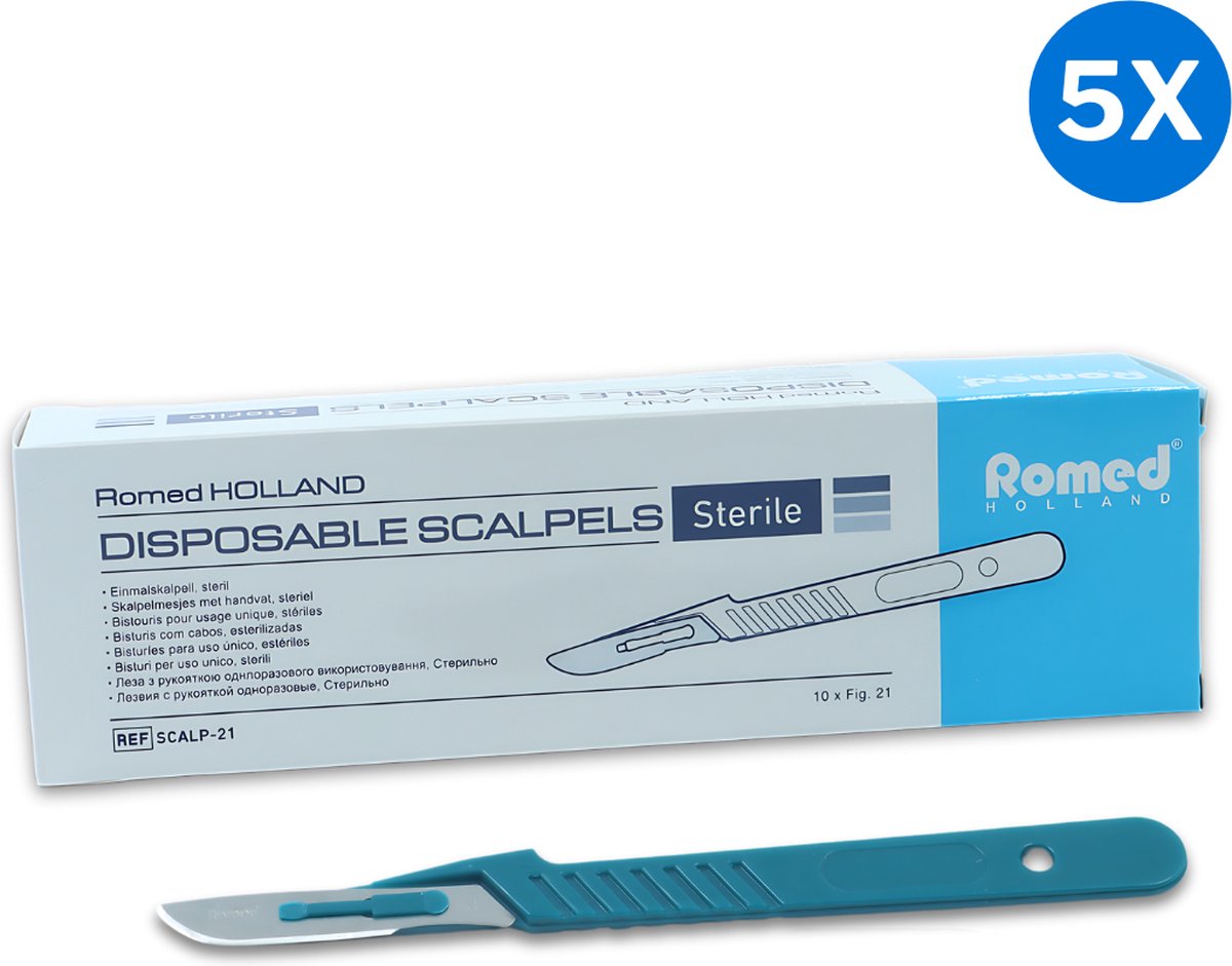 Goedkoopste Romed scalpelmesjes met handvat nummer 21 - Set van 5 doosjes Romed