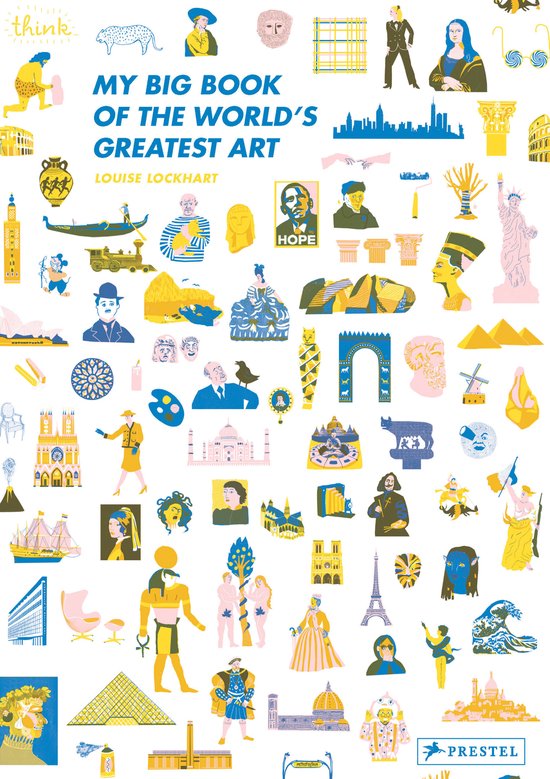 Boek 'My Big Book of the World's Greatest Art' met illustraties van beroemde kunstwerken, gebouwen en mensen.