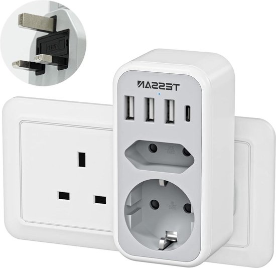 Prise de voyage UK avec 3 USB et 1 USB C - Prise adaptateur UE vers UK - 15W 3A - Adaptateur de voyage UK Plug Type G - Prise Angleterre - Adaptateur de voyage - Irlande - TESSAN