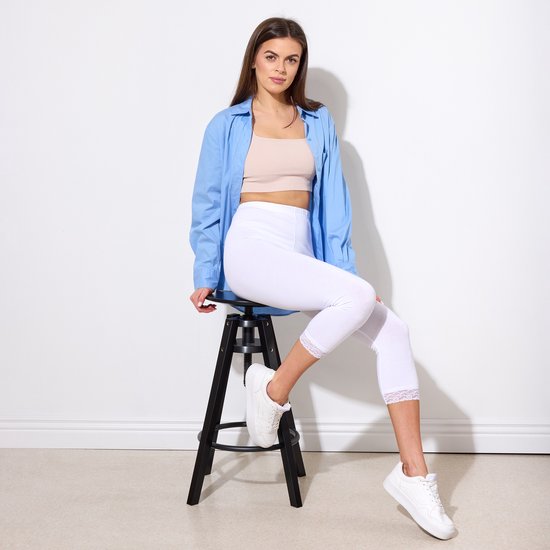 Merry Style MS-MS10-224-LE Dames Capri Leggings met Kant - Sport - Vrijetijdsbroek - 3/4 Lengte - Katoen - Wit - 3XL