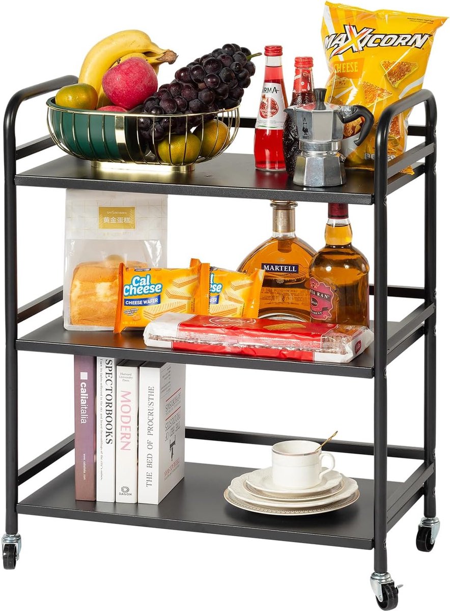 Serveerwagen 3 niveaus servicewagen van metaal met wielen voor kleine kamers keuken eetkamer bar badkamer trolley zwart 60×30×75cm