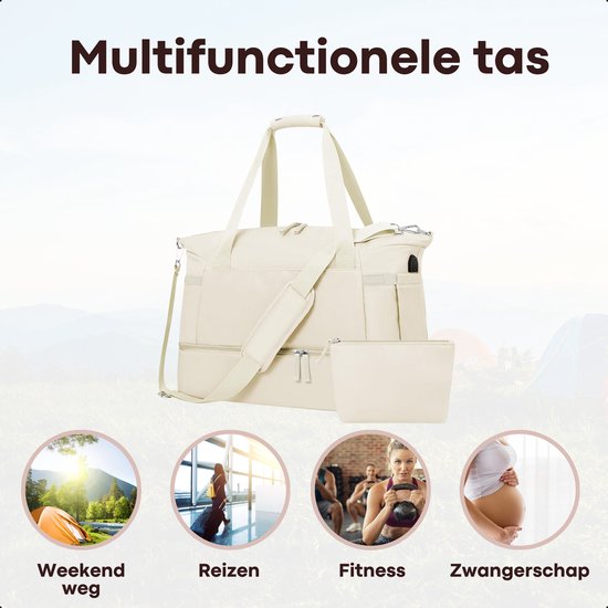 Crèmekleurige weekendtas, multifunctioneel voor weekendjes weg, reizen, fitness en zwangerschap.