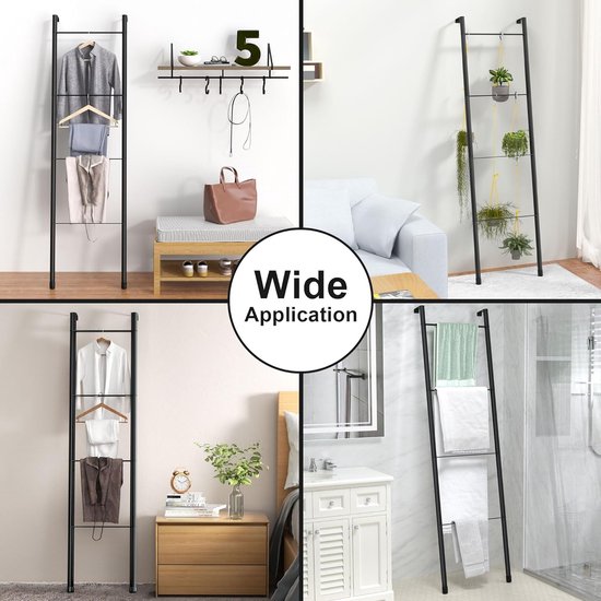 Foto: Zwart metalen dekenladder vrijstaande muur leunende ladder handdoekenrek voor decoratieve badkamer woonkamer keuken houder voor handdoeken dekens plaid stopt 4 niveaus zwart 