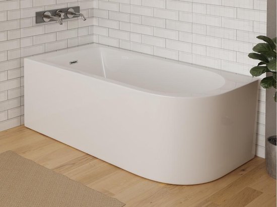 ECOLAM® Badkuip Avita 160 x 75 cm schort | Badkuip voor twee personen | Hoekbadkuip modern design | Hoekbadkuip links afvoerinrichting af- en overloop automatisch, siliconen voeten volledige set