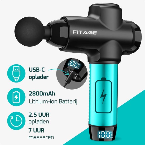 Zwart FITAGE massagepistool met turquoise accenten. USB-C oplader, 2800mAh Lithium-ion Batterij. 2.5 uur opladen, 7 uur masseren.