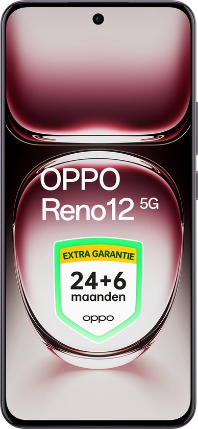 Voorkant van de OPPO Reno12 5G in Black Brown met een sticker op het scherm die 24+6 maanden extra garantie vermeldt.