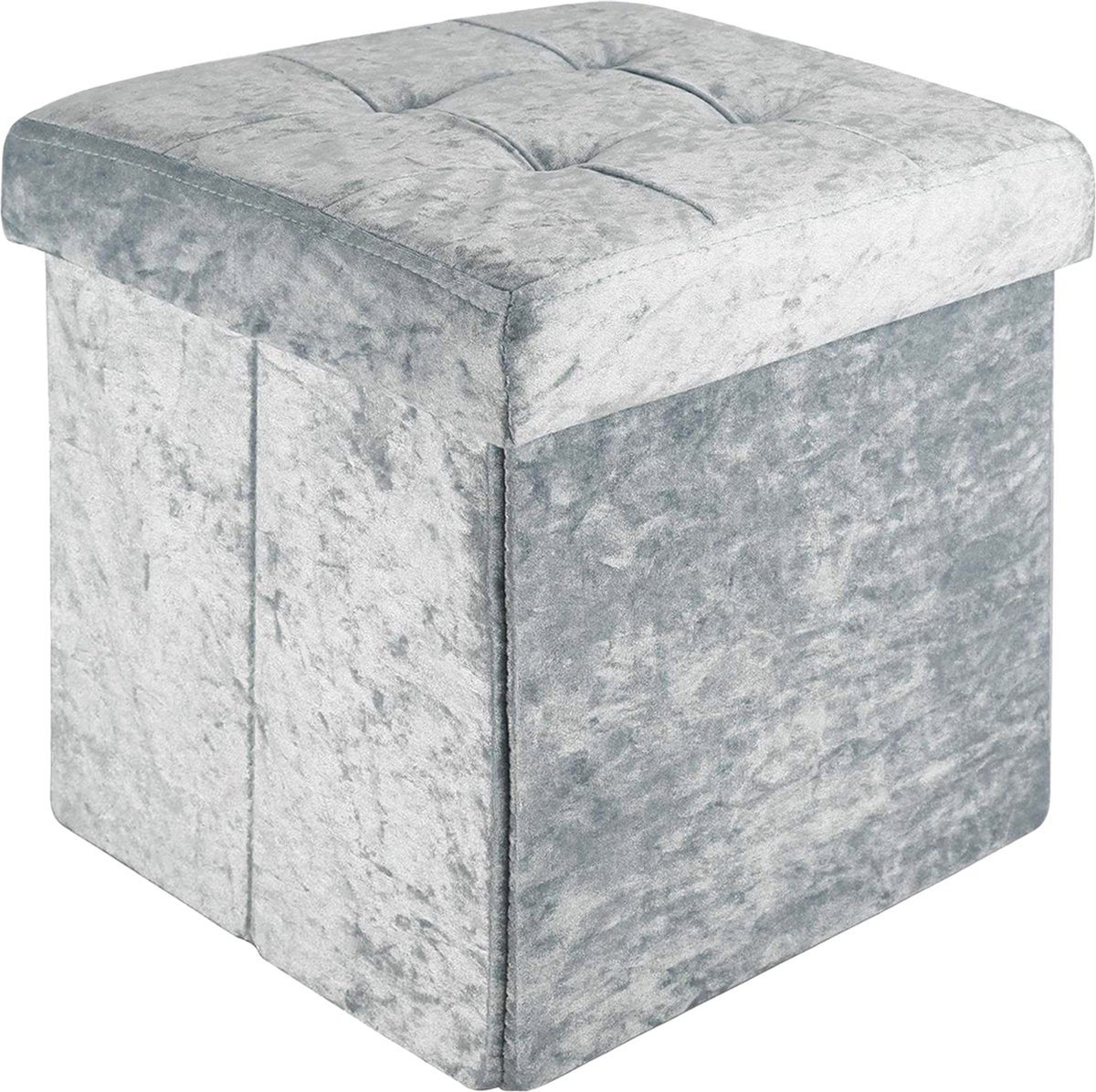 Intirilife Opvouwbaar krukje 30x30x30 cm in fluweel blauw-grijs - Zitkubus met opbergruimte en deksel met fluwelen hoes - Zitkubus voetensteun opbergdoos kist bankzitting