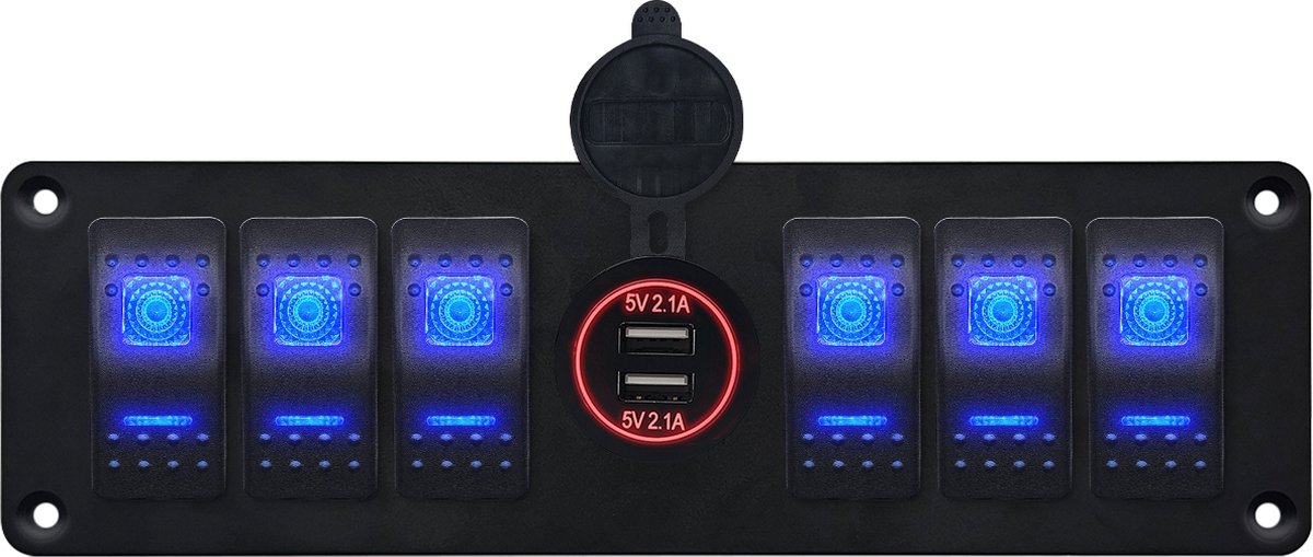 ProRide Schakelpaneel 12V voor Auto/Boot - USB Stopcontact 2 Poorten - 5V/2.1A - 6 schakelaars - Rood