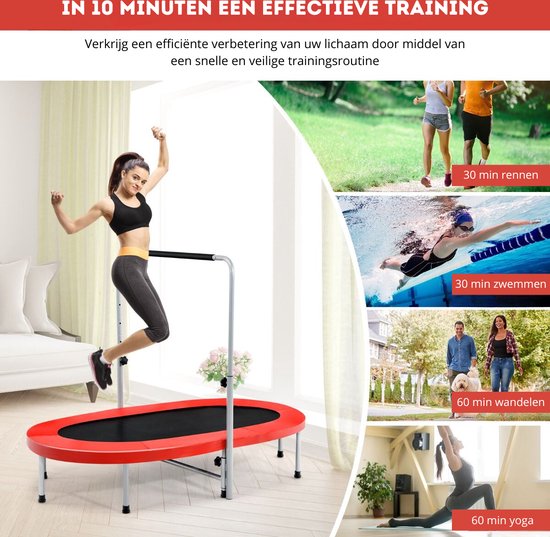 Vrouw met sportieve kleding springt op een rode trampoline met handvat. Collage met sportactiviteiten.