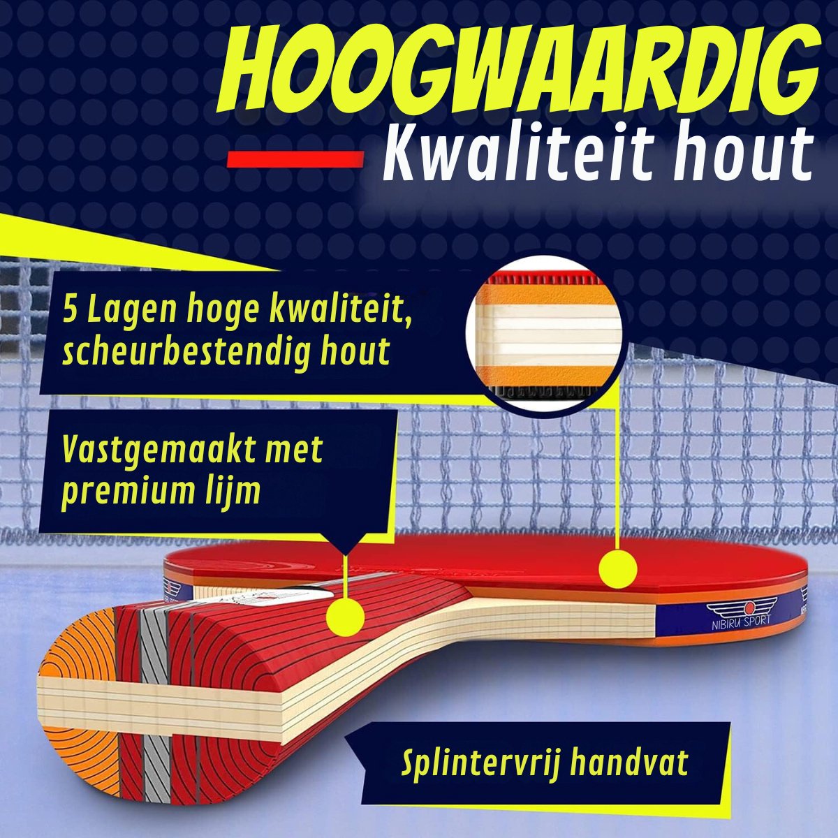 Tafeltennis Set - 2 Tafeltennisbatjes - 4 Pingpongballen - 1 Tafeltennisnet Uitschuifbaar - Incl. Opbergtas met Rits — afbeelding 3